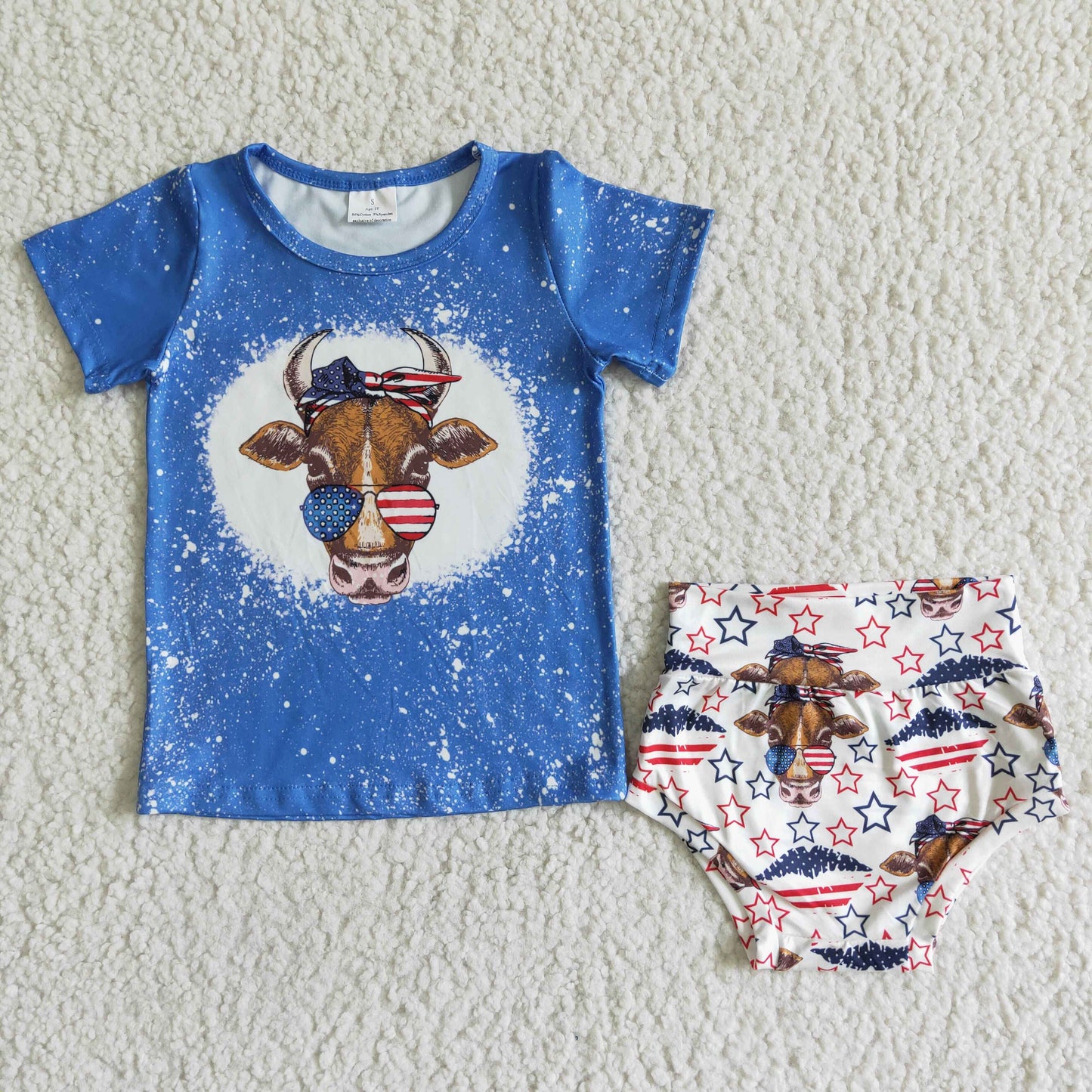 blue 4th of july infant baby girl cow bummie set clothing