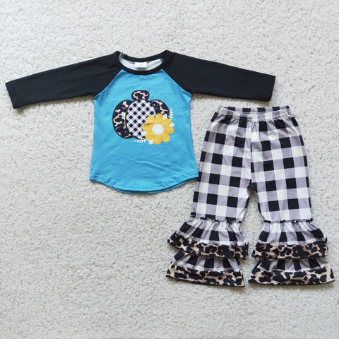 Cute Pumpkin Outfit Grey Plaid Ruffle Pants Set