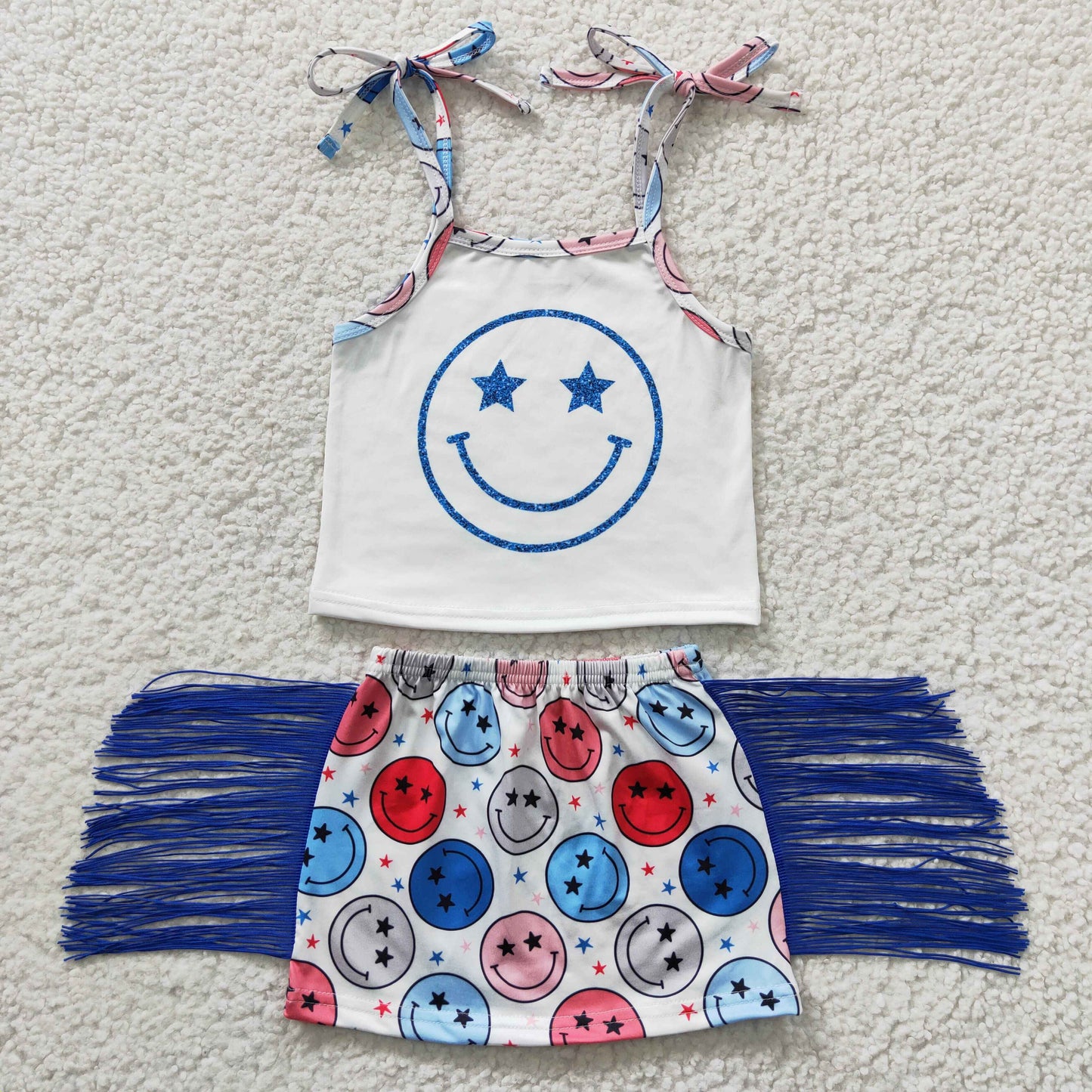 blue red white tassel fringe skirt set girl outfit