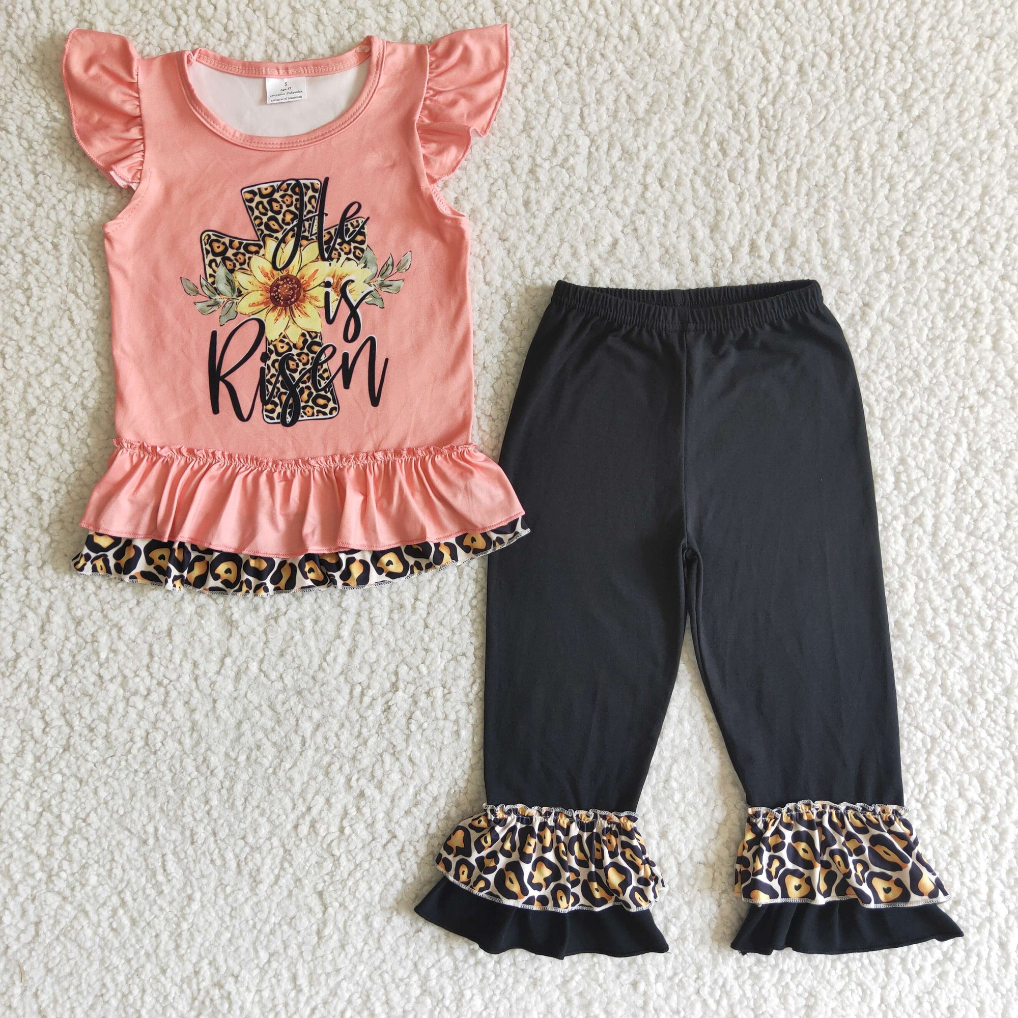 he is risen,girls easter cross print black pants set