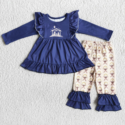 Navy Blue Nativity Ruffle Pants Set
