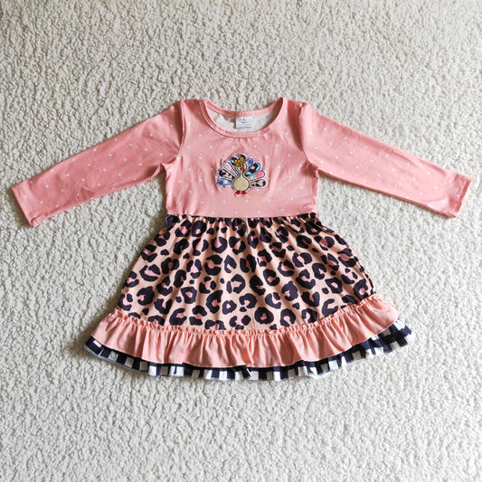 pink turkey embroidery leopard dress girls clothing