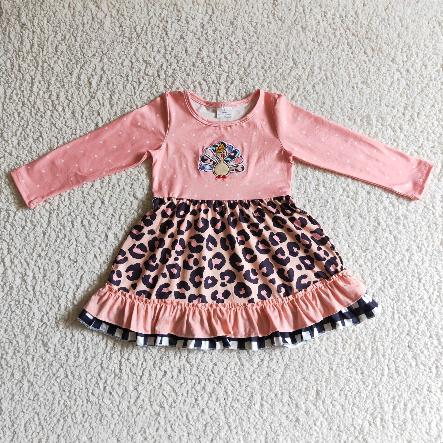 pink turkey embroidery leopard dress girls clothing
