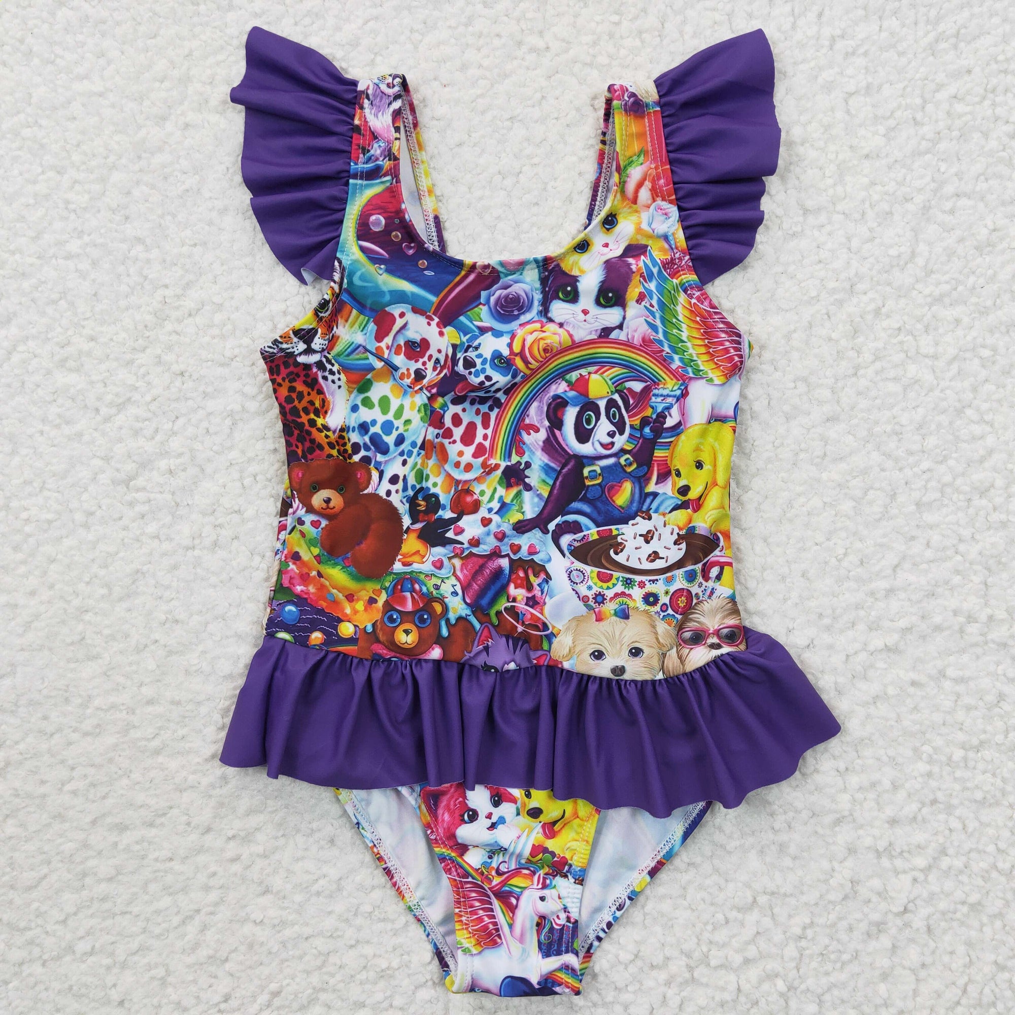 purple lisa frank girls swimsuit