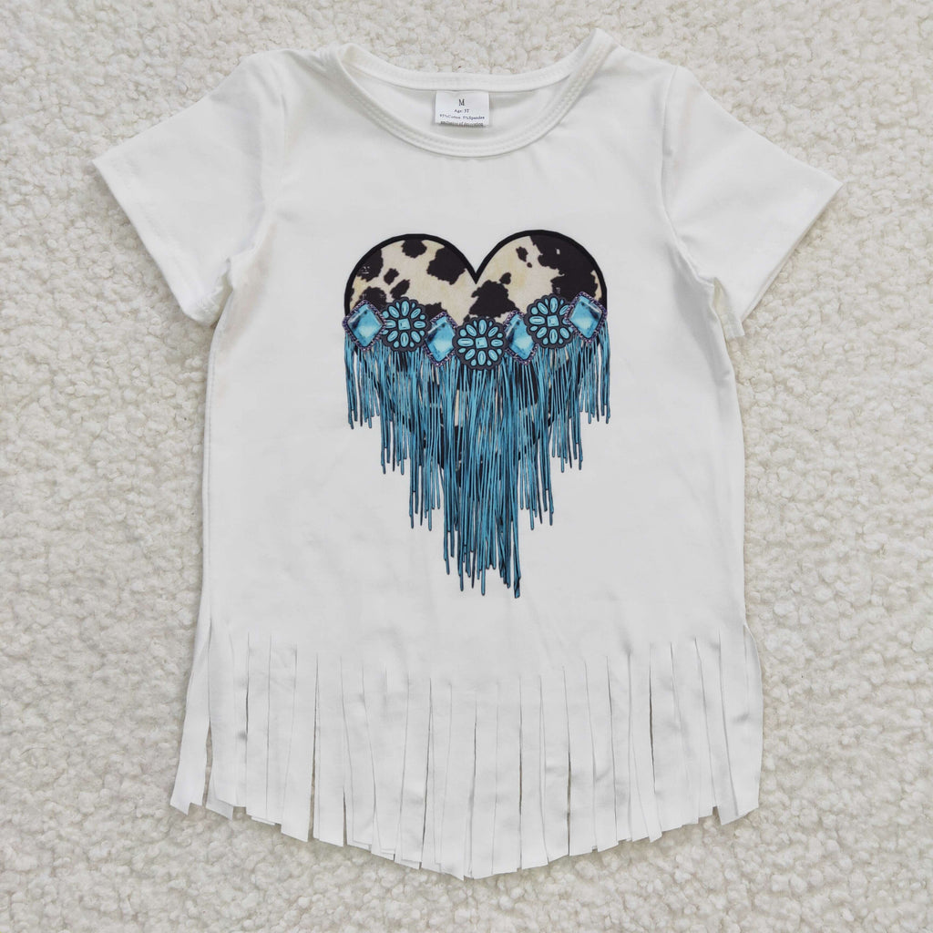 western turquoise heart white tassel t shirt