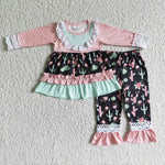 girl long sleeve pink dots cactus outfit pants set