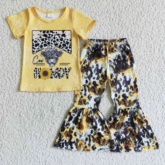 girl yellow howdy outfit leopard bell bottom pants set