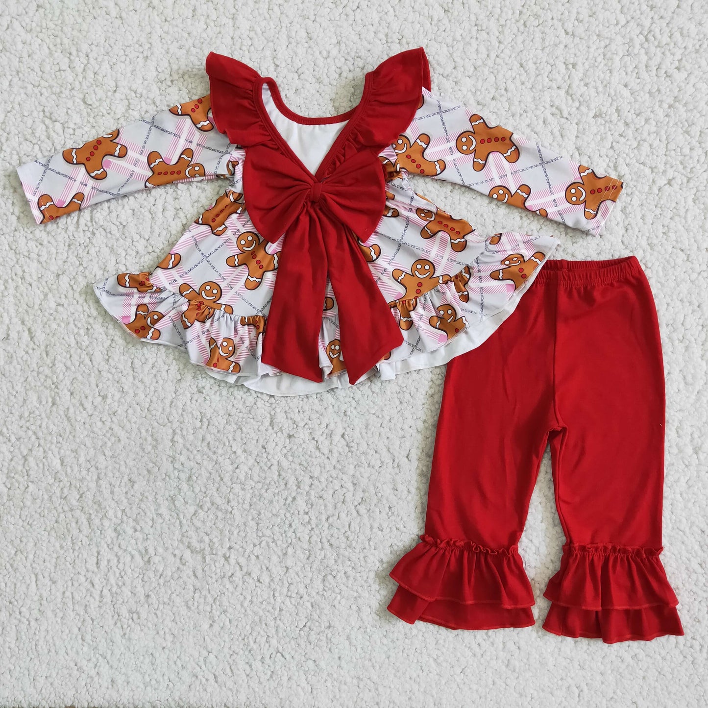 Red Gingerbread Ruffle Pants Set for Christmas