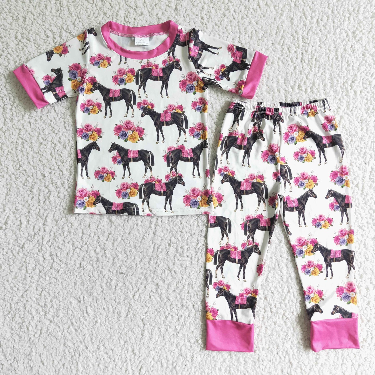 short sleeve hot pink flower horse pajamas girl