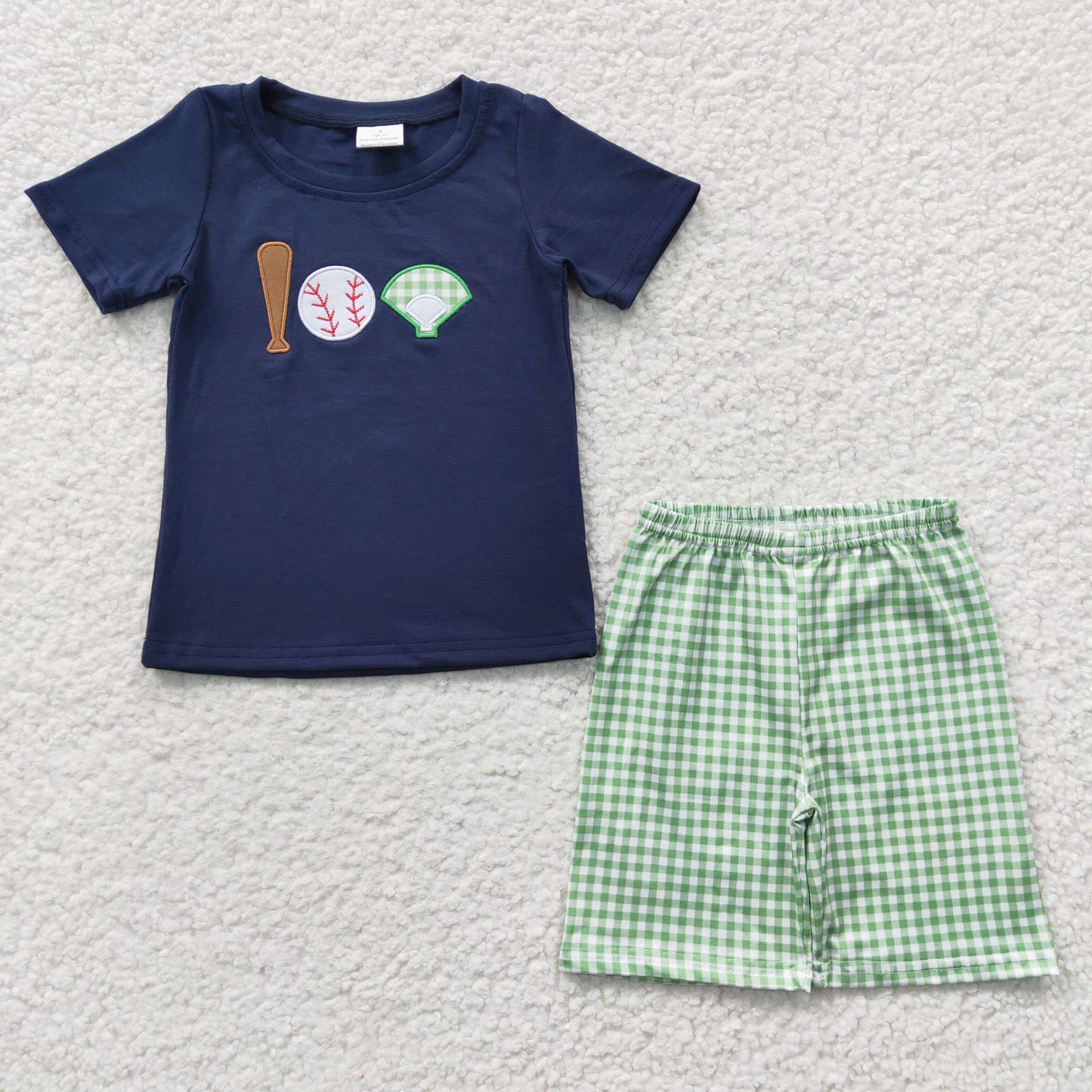 boy navy blue baseball embroidery shorts set