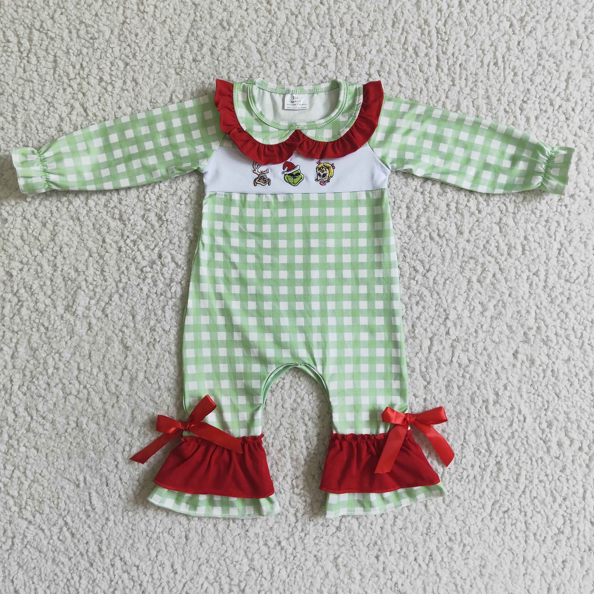 toddlers baby christmas embroidery green plaid ruffle romper
