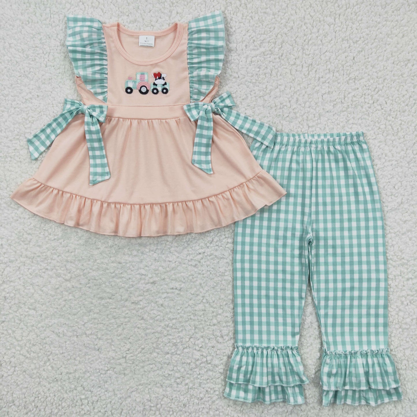 cow truck embroidery ruffle pants set girl spring outfit