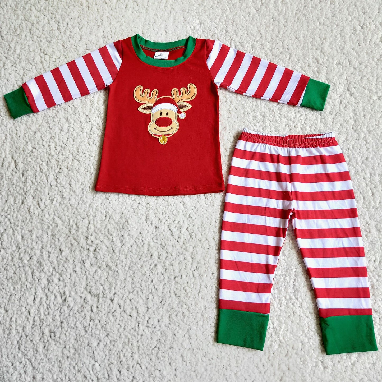 Rudolph Embroidery Cotton Stripe Pajamas for Christmas Boy