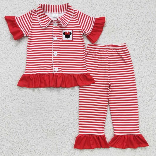 embroidery red stripe girl button pajama outfit