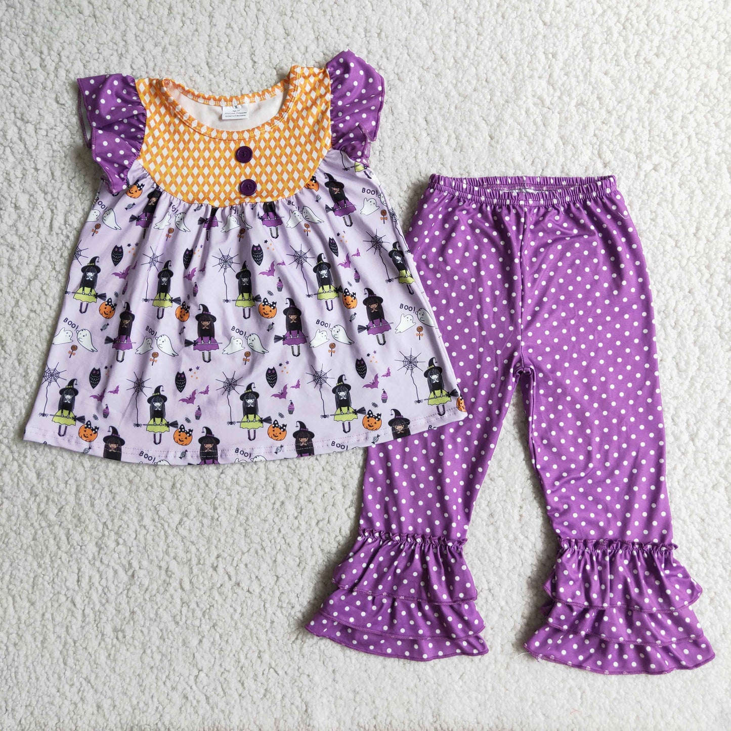 So Cute Flutter Sleeve Purple Dots Ruffle Pants Set