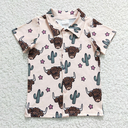 short sleeve button shirt boy highland cow and cactus