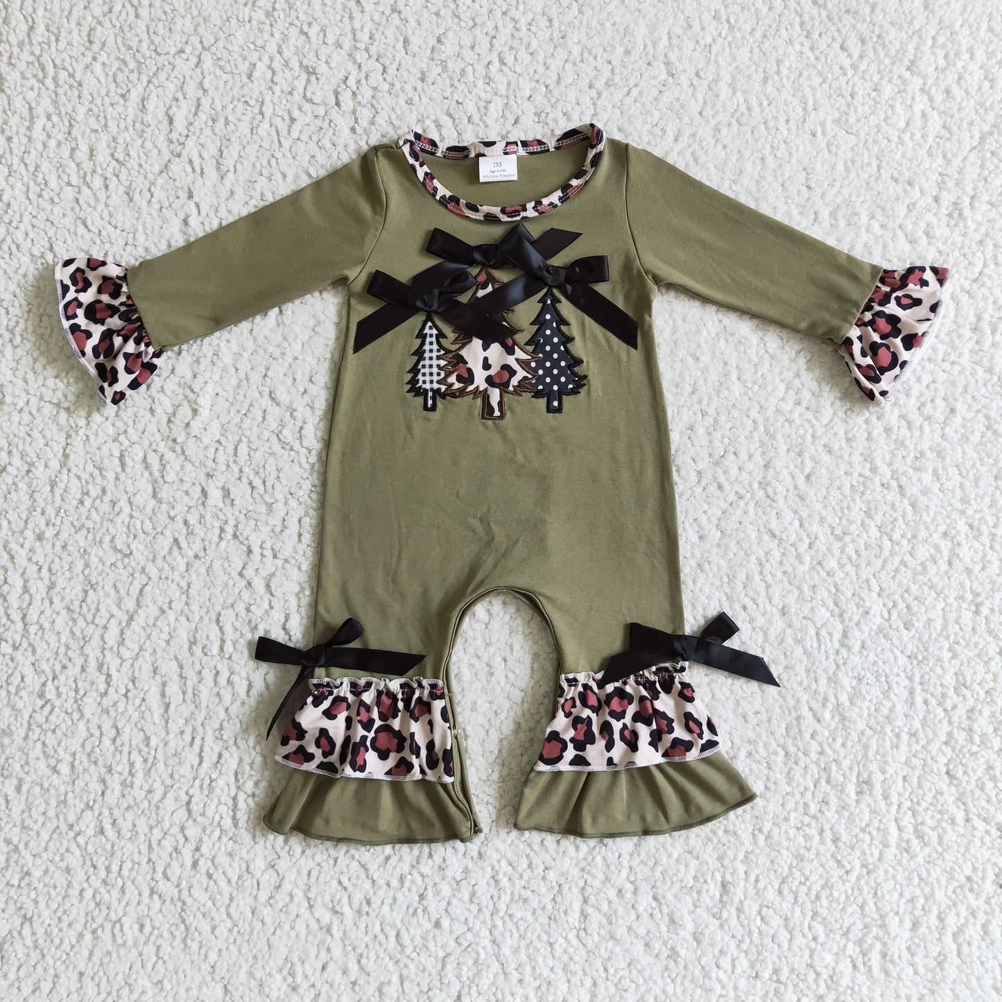 green christmas tree embroidery ruffle romper