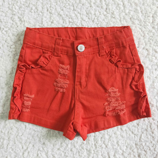 girl's clothing fashion orange ruffle denim shorts