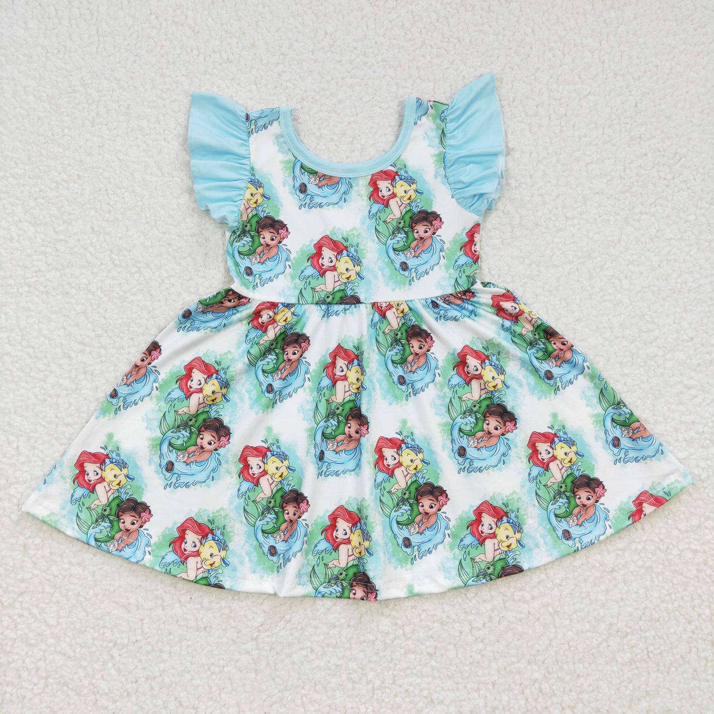blue flutter cartoon fish mermaid print twirl dress