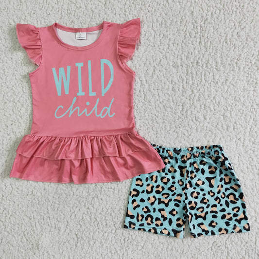 girl's pink wild child shorts set summer clothing