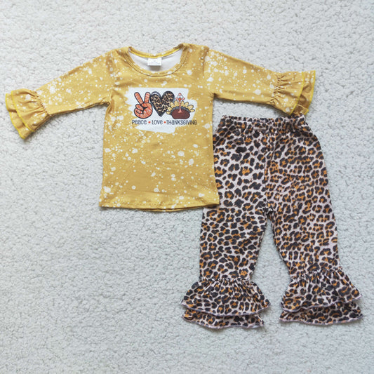 Thanksgiving Day Turkey Print Leopard Ruffle Pants Set 6 A1-1