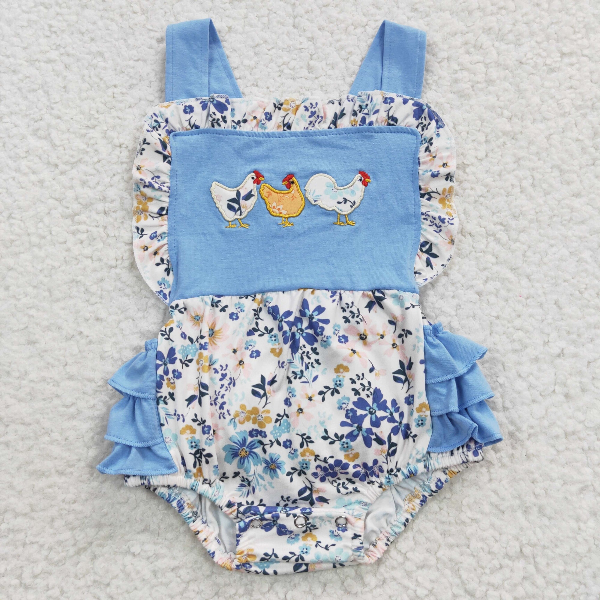 blue chicken embroidery ruffle bubble for baby girl