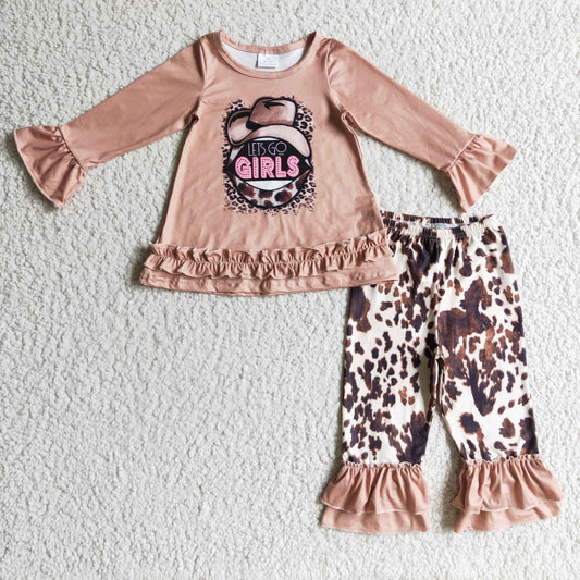 brown top cow girl hat print ruffle outfits