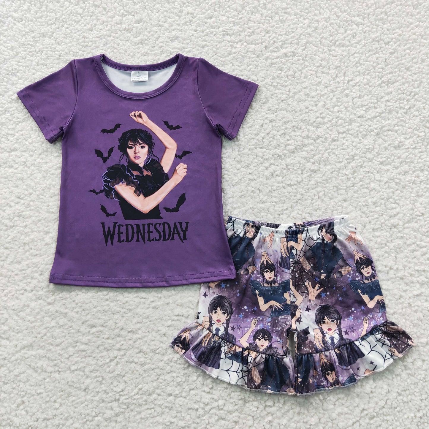 purple wednesday girl ruffle shorts set outfit