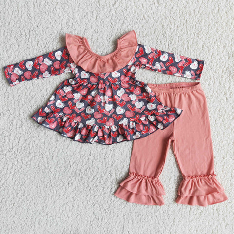 Valentine's Day Outfit Heart Print Ruffle Pants Set