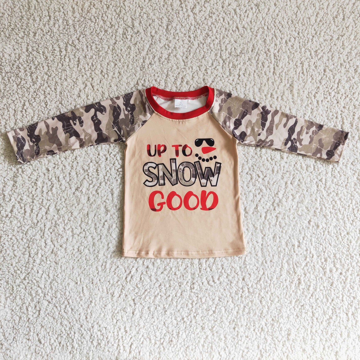 boy up to snow good camo raglan shirt