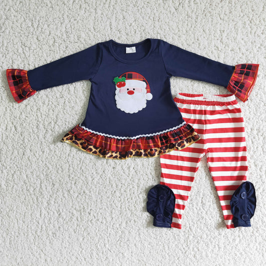 Cute Santa Embroidery Ruffle Striped Leggings Set