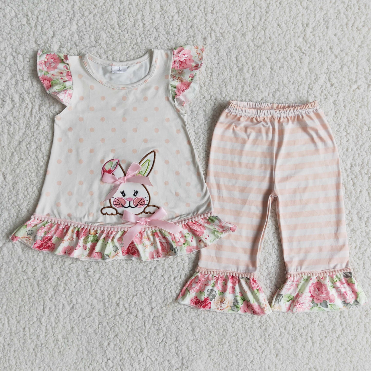 easter embroidery stripe blouse pants set kids clothing