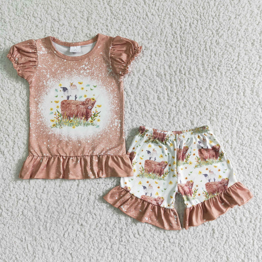 brown highland cow ruffle shorts set kids clothing
