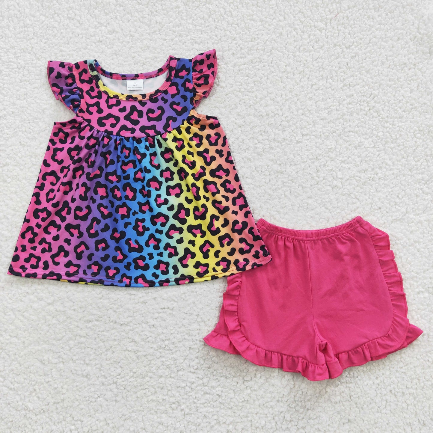 rainbow leopard hot pink ruffle shorts set girl’s outfit