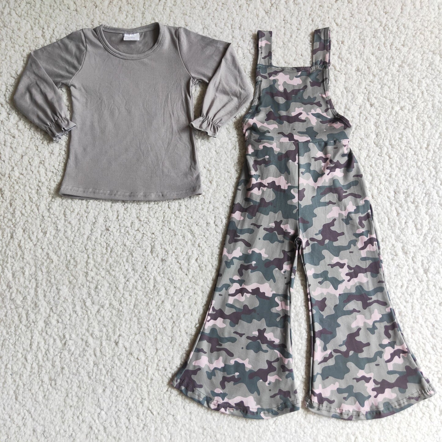2pcs Grey Cotton Top Camo Overalls Bells Set
