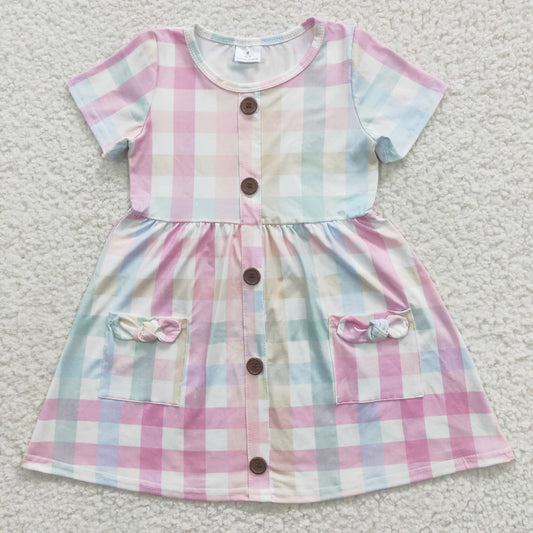 short sleeve rainbow plaid button dress with pockets