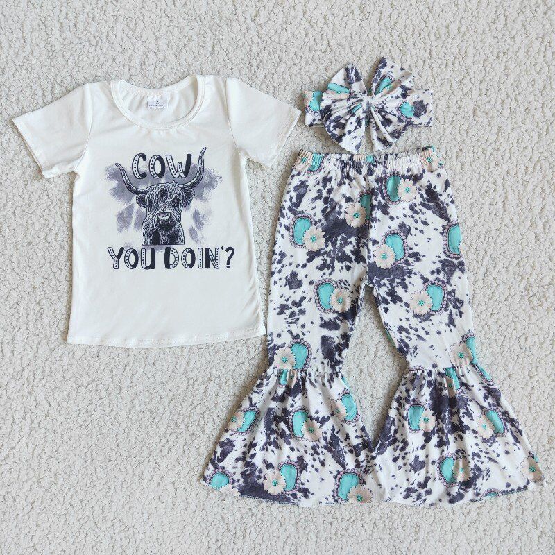 short sleeve white cow shirt bells set with bow