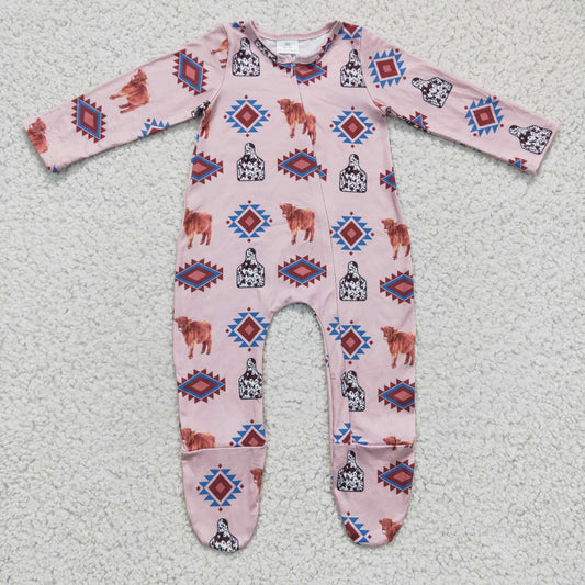 infant baby western footed zip romper cow