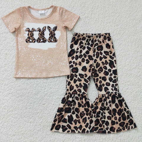holiday easter leopard bunny girl bell bottom pants set
