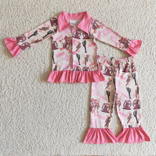 girl pink howdy cowgirl button ruffle pajama outfit