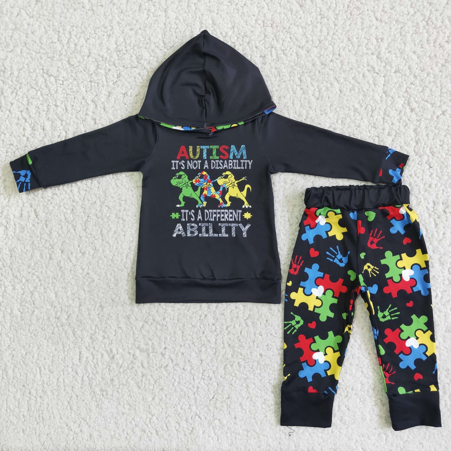 Black Autsim Dinosaur Hoodie Set Boy