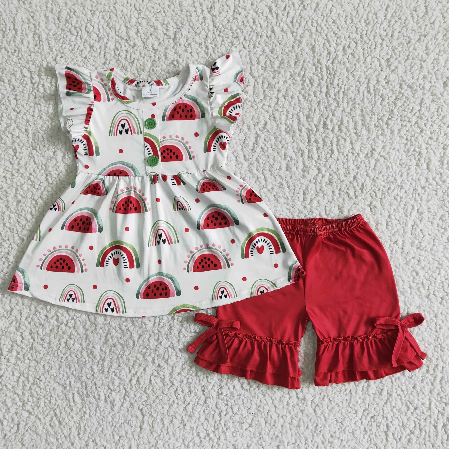 girl’s watermelon rainbow red ruffle shorts set outfit clothing