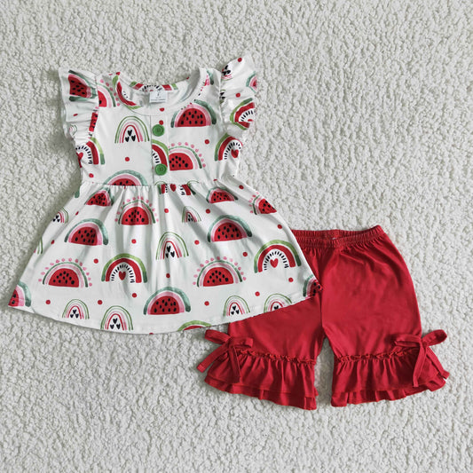 watermelon rainbow red ruffle shorts set girls clothing