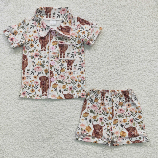 girl clothinghighland cow floral pajamas shorts set
