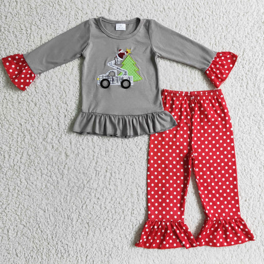 girl christmas truck embroidery outfit red dots clothes