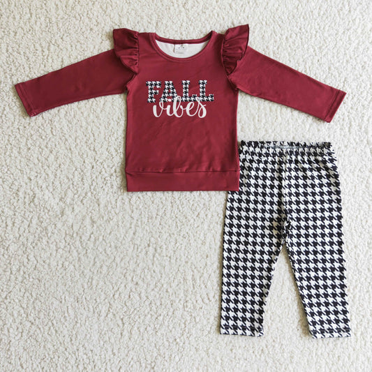 girl fall vibes burgundy houndstooth legging clothing set