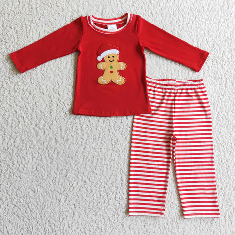 red Christmas gingerbread embroidery stripe pants outfit boy