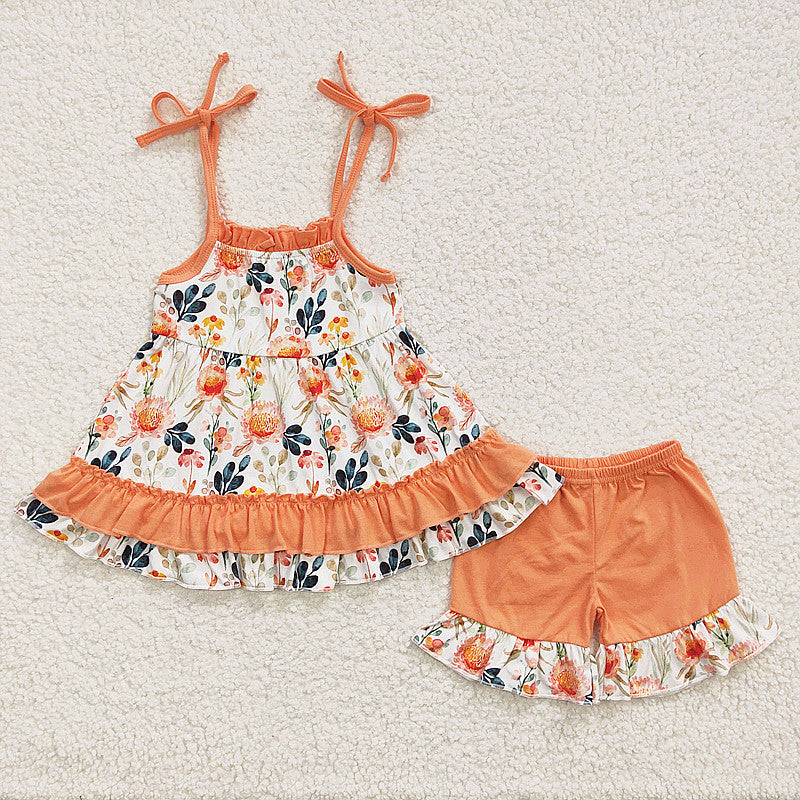 suspender orange floral ruffle shorts set
