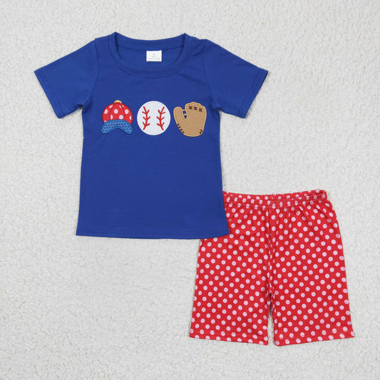 boy blue cotton baseball embroidery red dots shorts set
