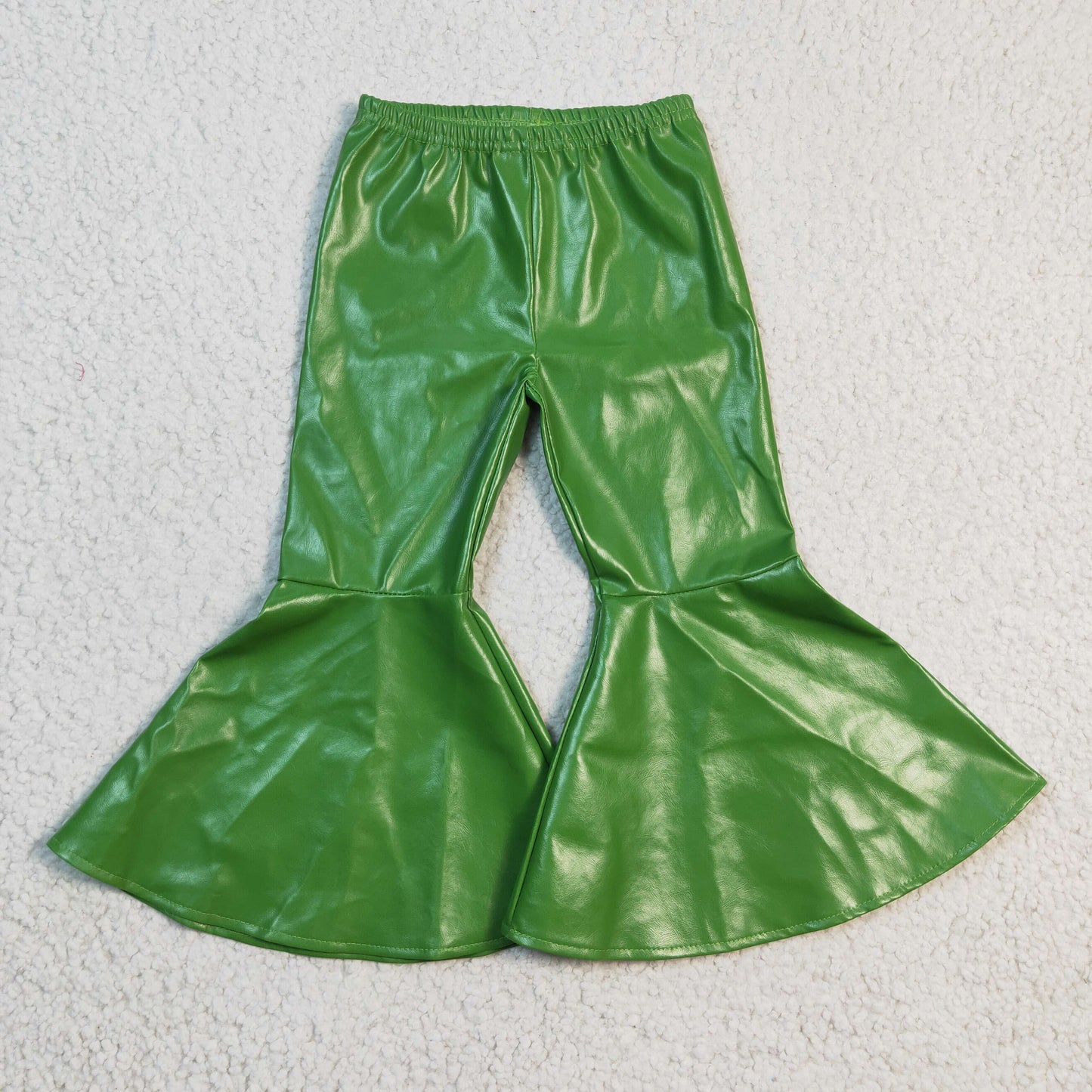 green leather bell bottom pants